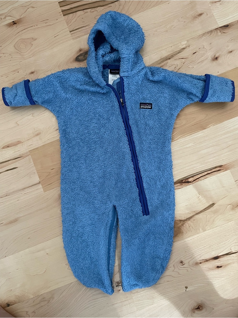 Patagonia Baby Plush Fleece Bunting Blue 6M Convertible Mittens Hooded